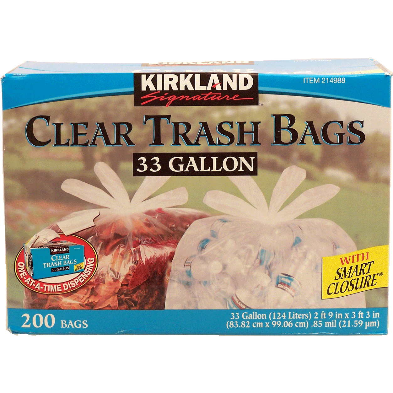 Kirkland Signature clear trash bags with smart closure, 33 gallo200ct